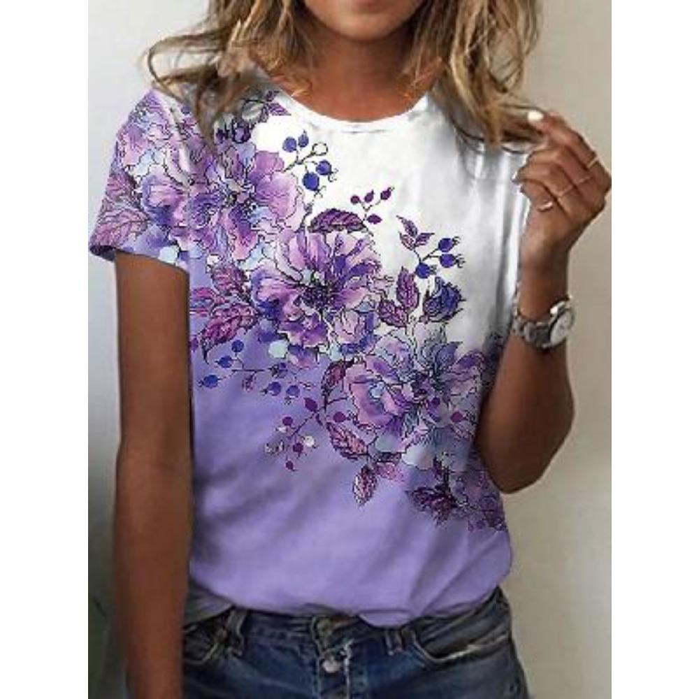

Летние женские повседневные топы с круглым вырезом и коротким рукавом, для улицы, стиль с фиолетовым цветочным принтом, модный оверсайз XL