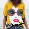 Ladies' V-neck T-shirt 3D Digital Printing Art Abstract Face Fashion Casual Trend Printed Short Sleeved Shirt