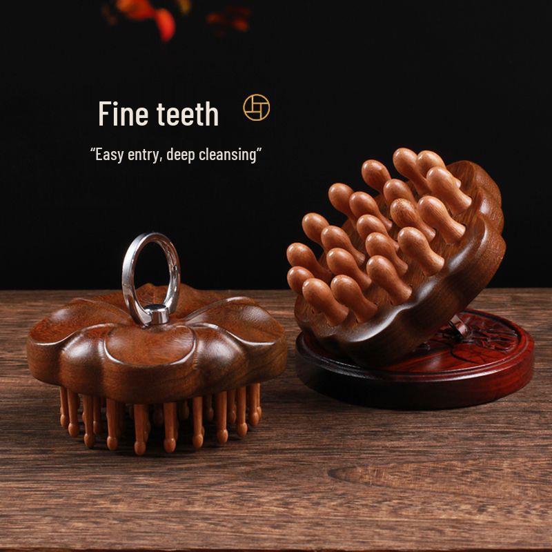 Sandalwood Massage Comb: Round Disc Finger Ring Shampoo Brush for Body and Scalp.