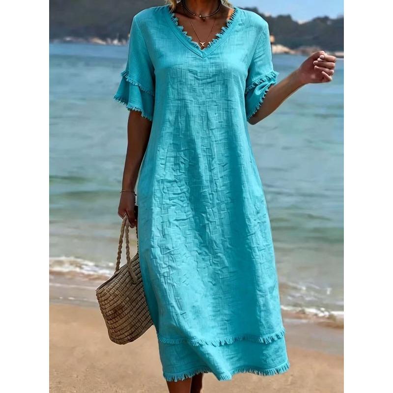 BITCED Fashion Summer Spring  Solid Color Print V-Neck Short Sleeve Casual Dresses