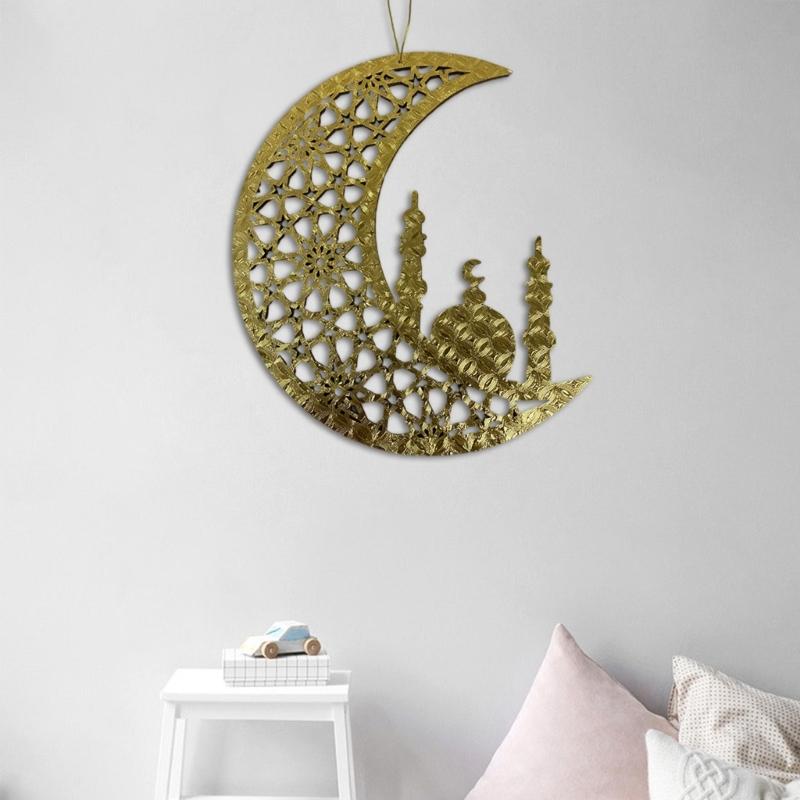 Eid Mubarak Home Decoration Golden Moon and Star Wood Holiday Pendant Decorative Hanging Ornament for Home Office