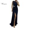 Lady Slit Hem Dress Evening Pleated Floor Length Solid Color Rhinestone Decor Sleeveless Round Neck High Waist Prom Cocktail Party Maxi Women Gown
