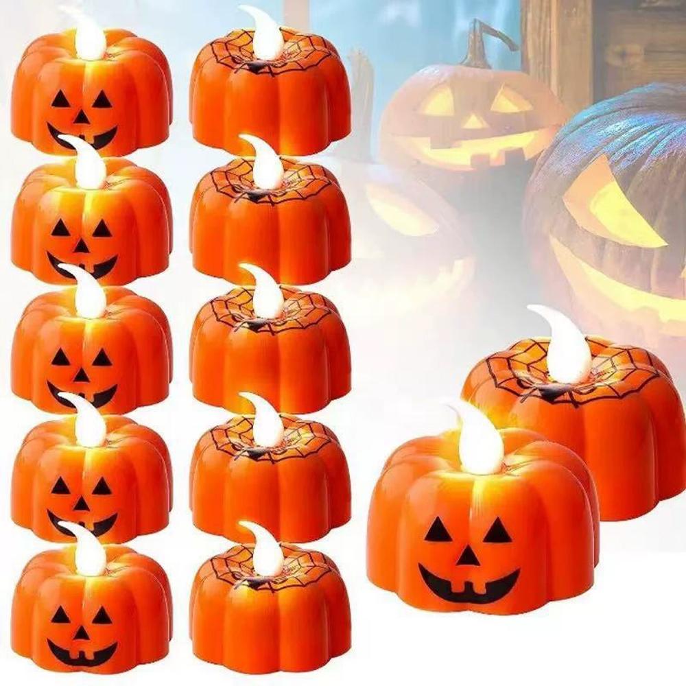 12pcs Electronic Candles Halloween Pumpkin Lamp Ornaments Decor  Festival Party Scene Setting Jack-O-Lantern Props Accessories