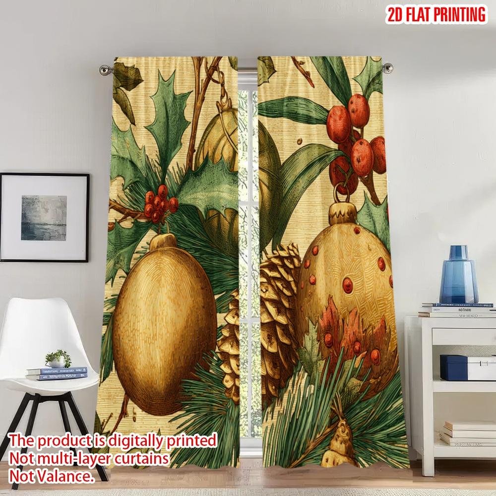 

Flat Printing Happy Christmas Fashion Curtains Pine Cones Ornaments Digital Printed Polyester Drapes Party Curtain Set Of 2 Made Washable W100*H70(CM)-Rod Pocket&1PCS