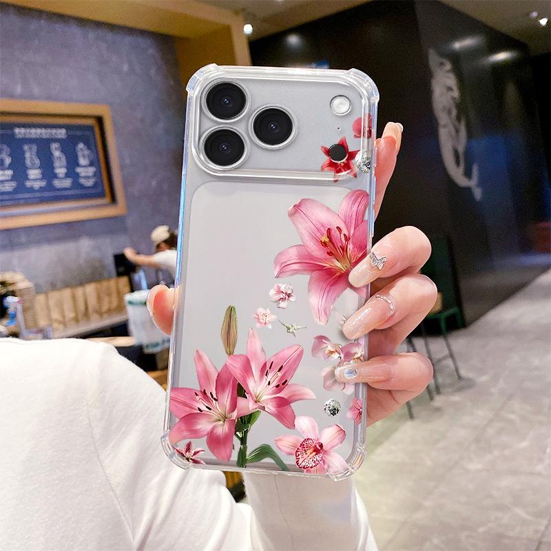 Hot-selling ins Feng Shui Color Pink Lily Apple 15PM Mobile Phone Case Four Corners Anti-drop iPhoneAIR Protective Case