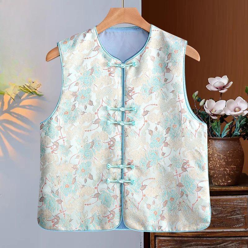 Gilet Jacquard Elegante da Donna Stile Cinese Collo alla Mandarina Bottone a Rana Abbigliamento Vintage