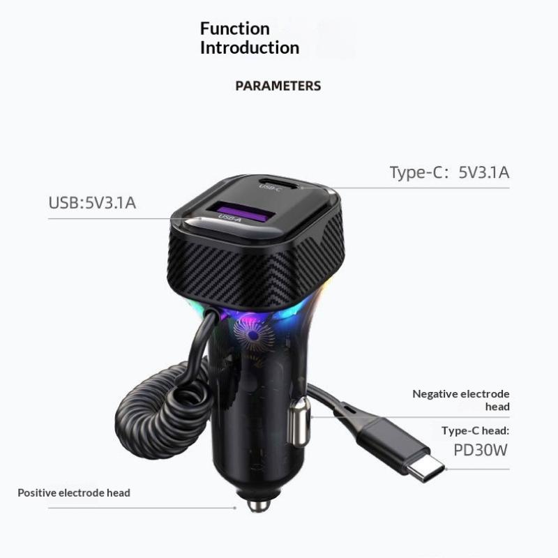 PD 30W Fast Charge Car Charger RGB Breathing Light Coiled Type C Cable Overheat Protection for Daily Commute Car Use