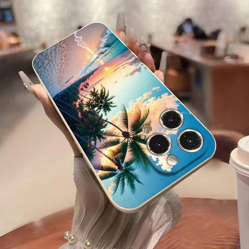 Beach Sunset Palm Tree Painted Soft Phone Case For iPhone 16E 15 16 14 13 12 11 Pro Max XS XR Max 7 8 16 Plus Shockproof Cover