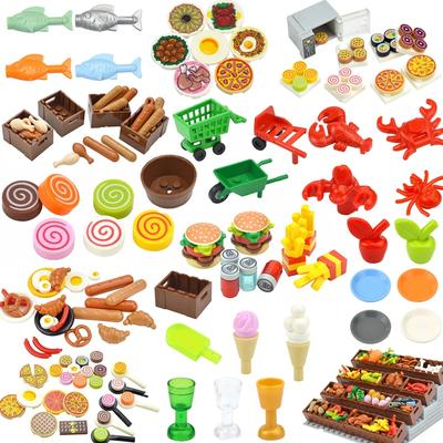 DlY Mini Figurki Klocki Budowlane Jedzenie Chleb Ryba Owoc Kurczak Krab Hot Dog Ciasto Pizza Marchewka Pudełko Kreatywne Zabawki Części Miejskie Klocki