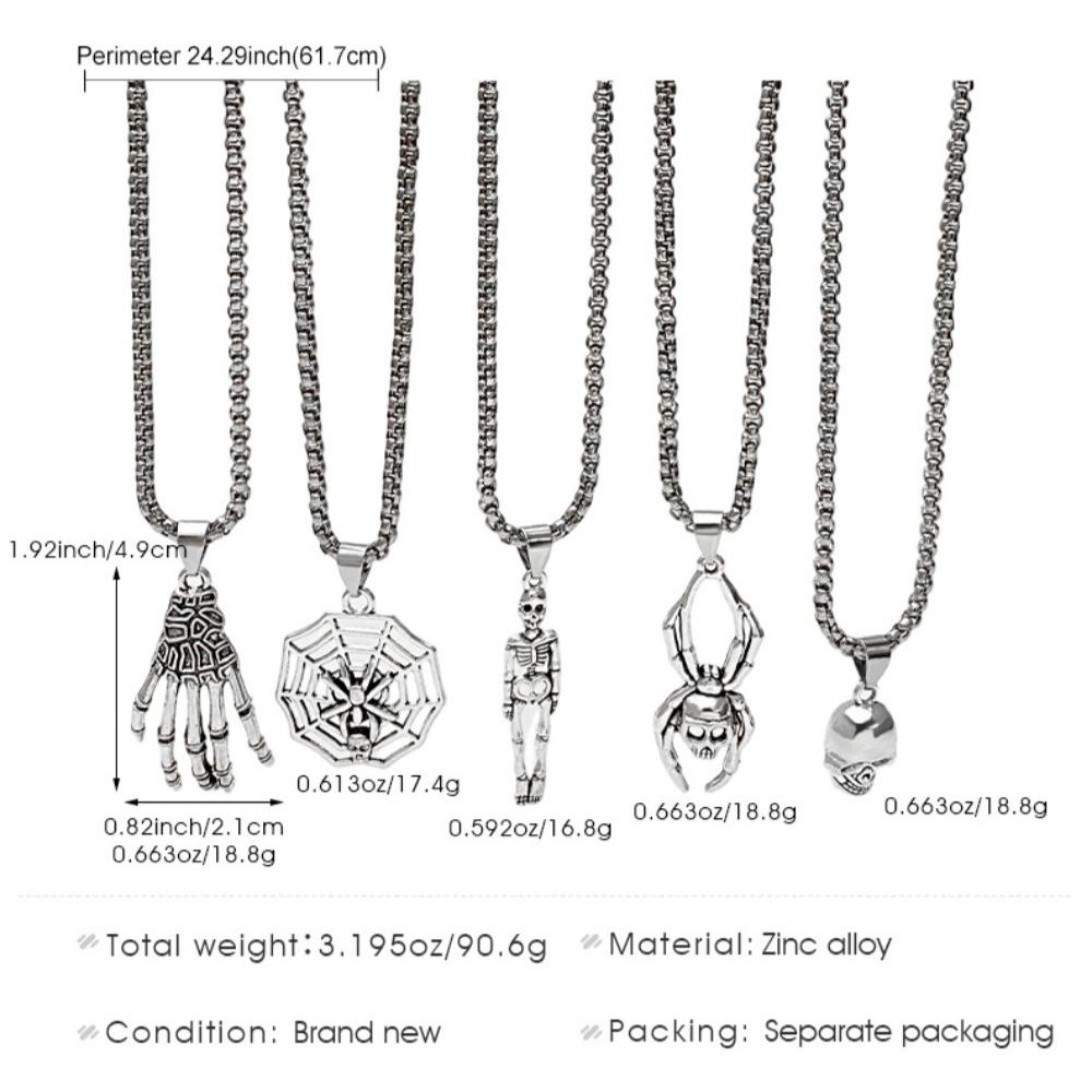 Exaggerated Punk Sliver Color Skull Palm Spider Web Pendant Box Chain Necklace for Women Halloween Party Collar Chain Jewelry