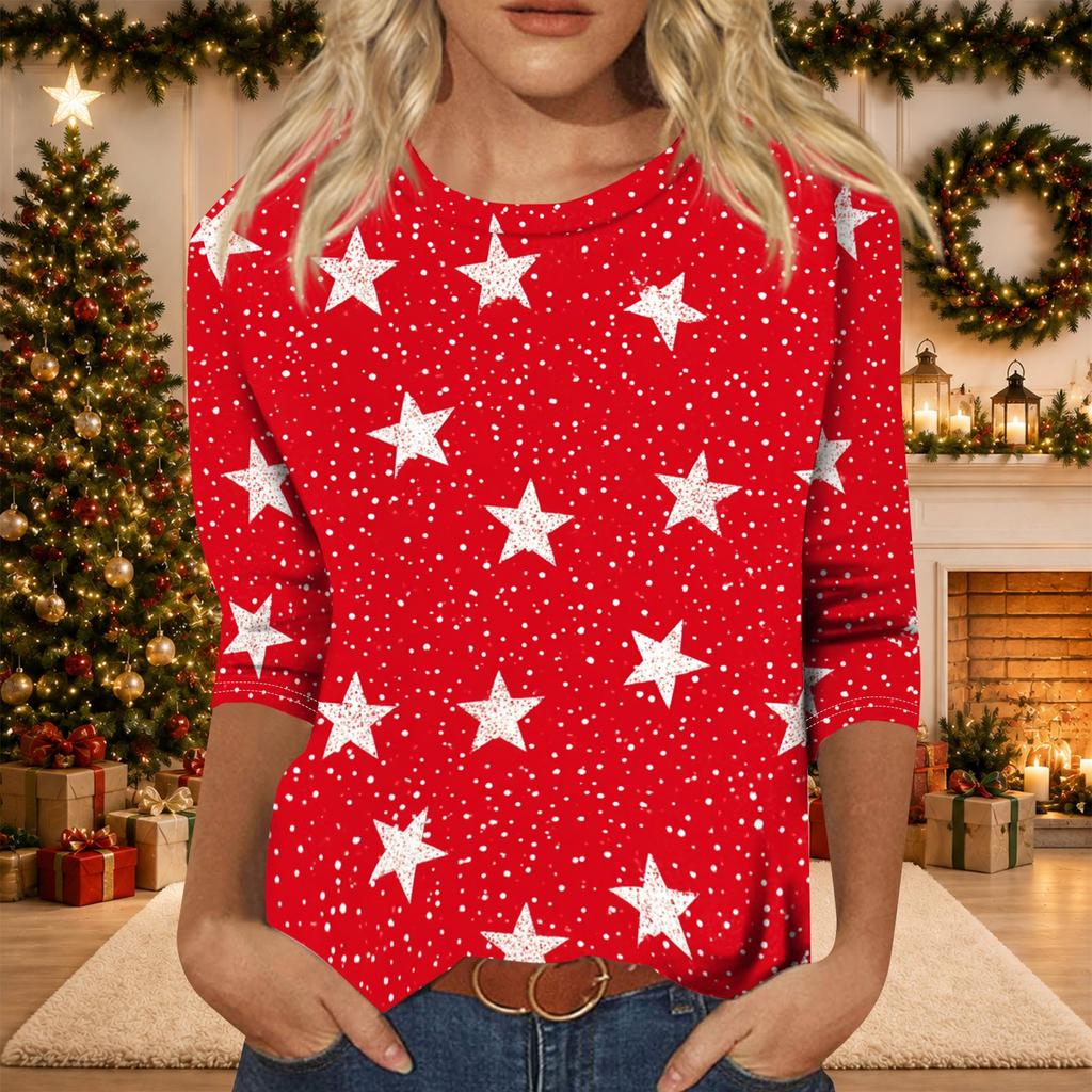 Women's Casual Christmas Print Three-Quarter Sleeve Neck Top
