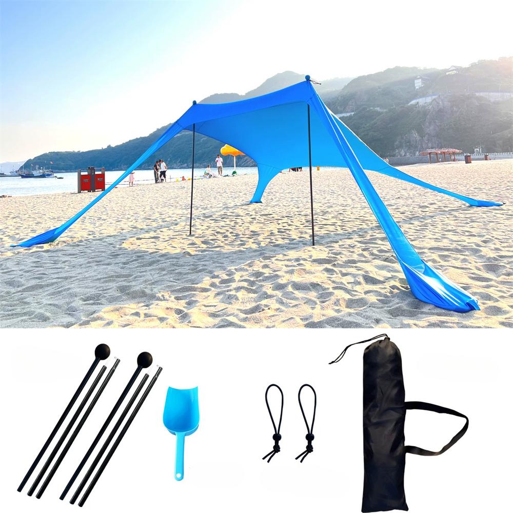 Strandzelt Sonnenschutz mit UPF 50+ UV-Schutz, Strandüberdachung Sonnensegel mit Sandsäcken, Stangen und Erdnägeln und Windschutzseilen