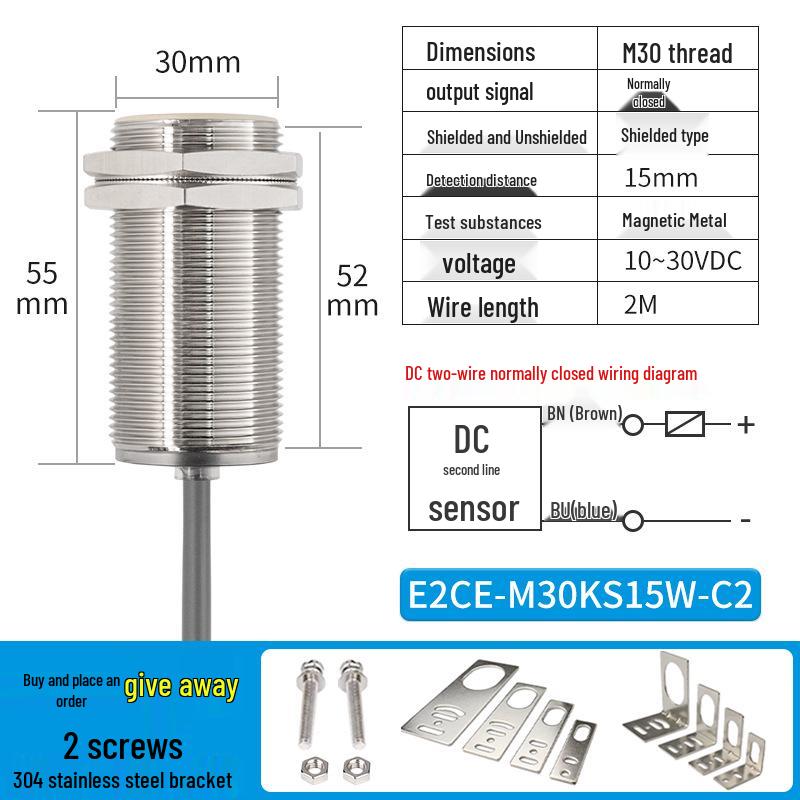 Waterproof Inductive Proximity Switch, Two-Wire, M8/M12/M18/M30, NPN NO/PNP NC