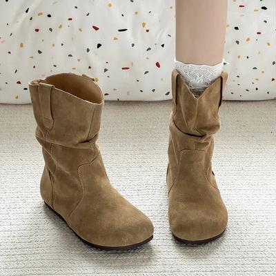 Printemps Automne Vintage Femmes Ballerines Bottines Chaussures Mode Bout Rond À Enfiler Plissées Bottines Courtes