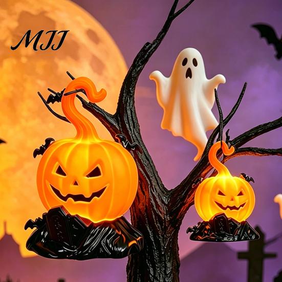 Warm Glow Decorative Lamps 2Pcs Halloween Pumpkin Night Light, Flameless LED Candle Lamp with Bat Small Plastic Figurine Lights Decor, Tabletop
