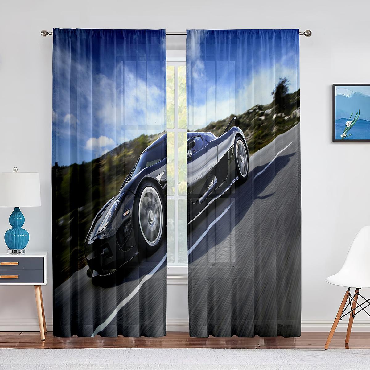 Тюлевые шторы со спортивным автомобилем и американским флагом для спальни — фото 5