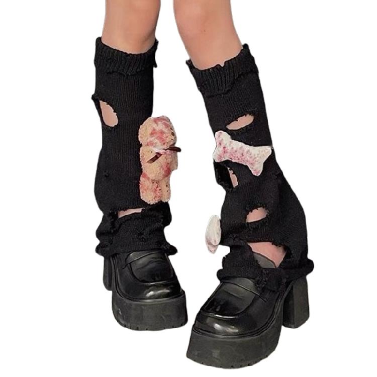 Aesthetic Fashion Ripped Hole Knitted Leg Warmer Streetwear Harajuku Boot Cover 3D Bloody Bear Doll Leg Sleeve for Women