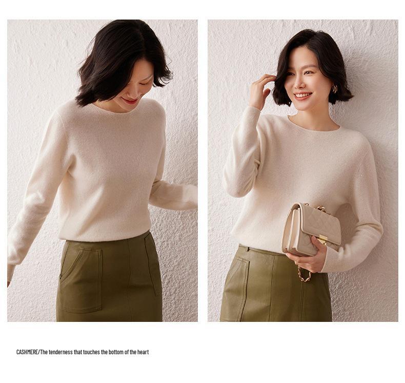 Women's Seamless Cashmere Round Neck Pullover - Loose Fit Casual Knitwear Base Layer for Autumn & Winter
