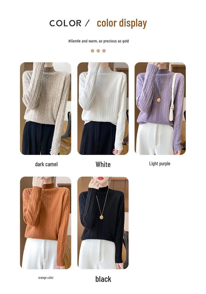 Women's Versatile Solid Color Wool Knit Sweater - Loose Half-High Collar, Long Sleeve Autumn & Winter Base Layer.