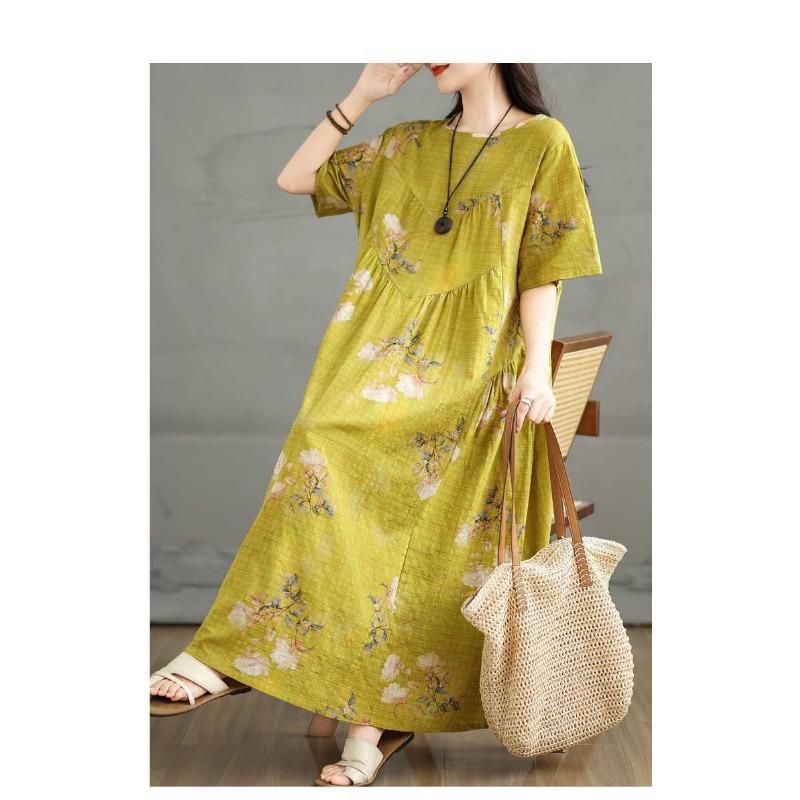 Summer Retro Cotton and Linen Round Neck Short Sleeved Dress, Women's Loose Skirt