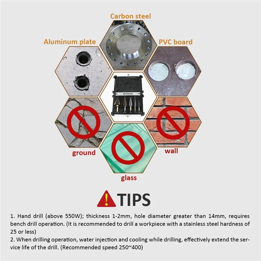 5pcs Step Drill Bit Set HSS Cobalt Metal Hole Cutter Titanium Conical Carbide Punch Tool 50 Size Perforated Drill Bits