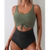 Women's One-Piece Swimsuit With Cross Straps To Cover The Belly, Conservative Solid Color Patchwork Swimsuit