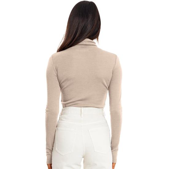 Women Bottoming Tops Slim Fit Stacked Collar Long Sleeve Solid Color Pullover Shirt Elastic Jumper Daily Wear