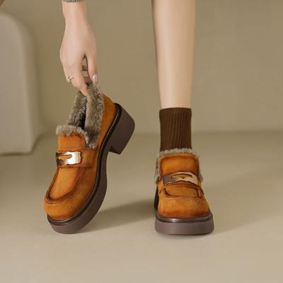 Mode NOUVEAU Hiver Femmes Escarpins Chaussures en Cuir Daim Vache pour Femmes Bout Rond Chaussures à Talons Épais Chaussures à Enfiler Mocassins pour Femmes Chaussures Chaudes à Plateforme