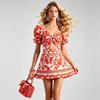 2026 Summer Women Red White Retro Print Puff Sleeve Twist Front Cutout Mini Dress Elegant Slim Fit High Waist Beach Short Dress