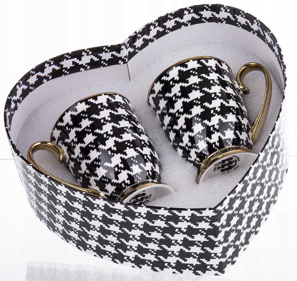 Porcelain Mugs with Spoons Set In a Gift Box Houndstooth Collection