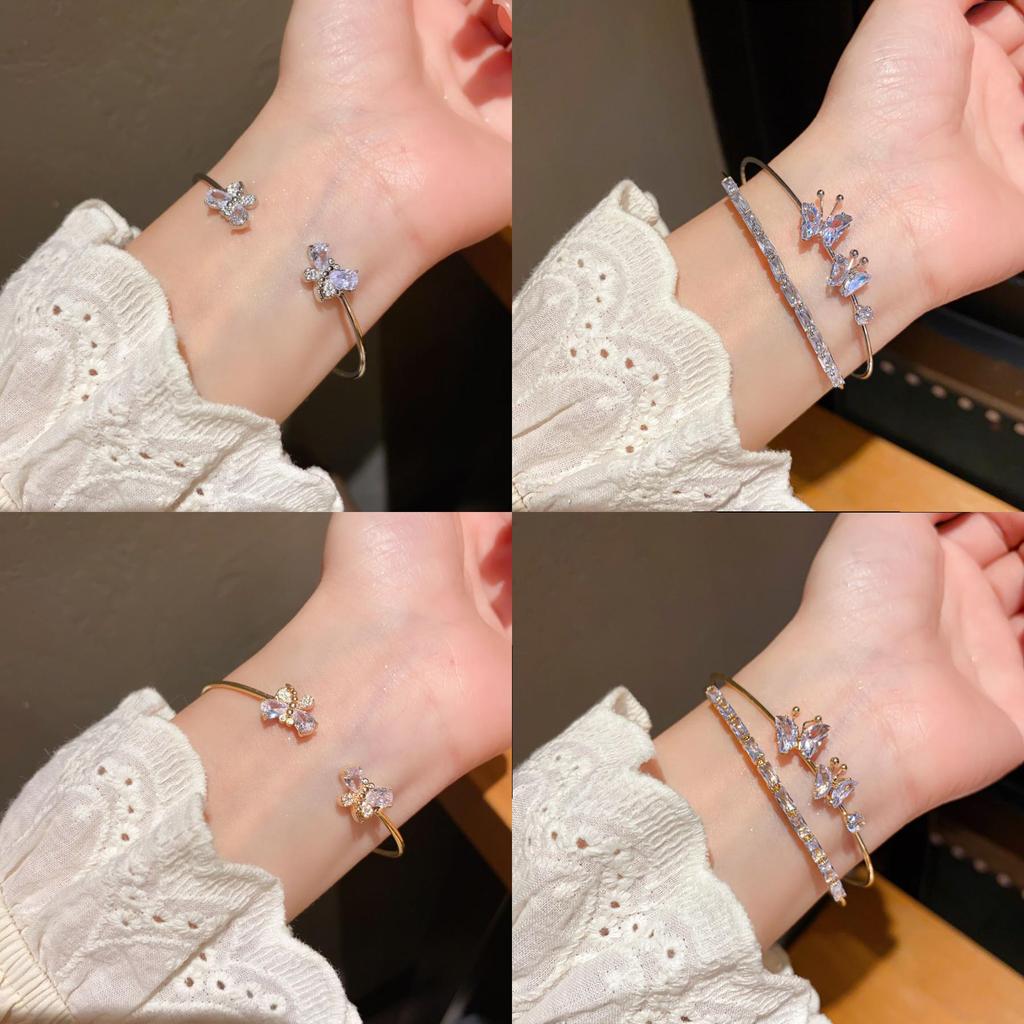 Butterfly Charm Double Layer Open Bracelet With Cubic Zirconia For Fashion Women