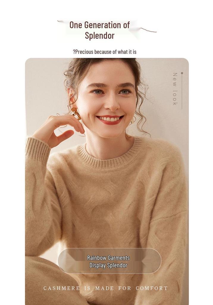 2025 Autumn/Winter Women's Soft Cashmere Round Neck Cable Knit Sweater - Korean Style