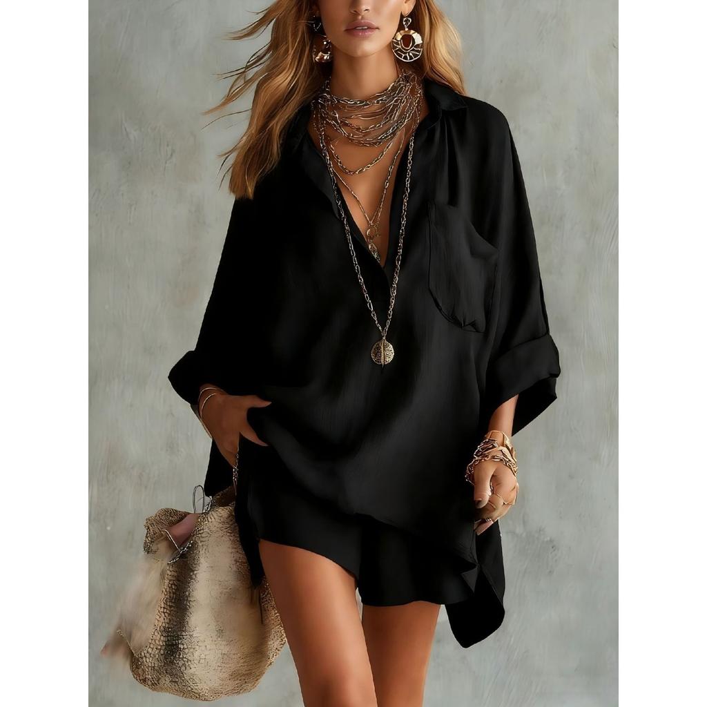 Women's Loose Long Sleeve Shirt and Shorts 2 Piece Set Casual Summer Beach Outfit