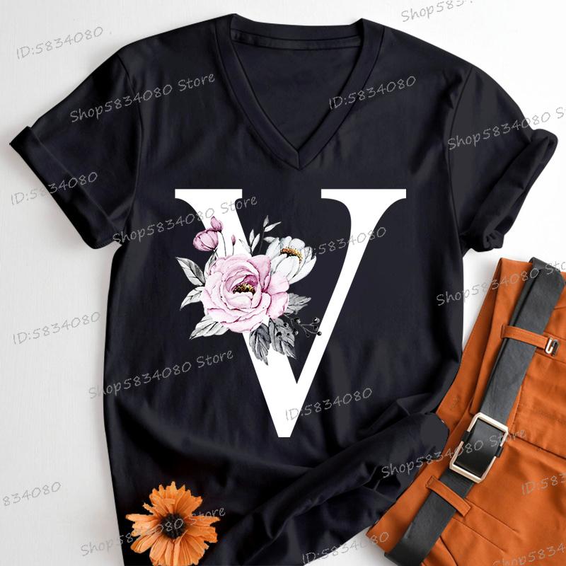 Letter B Floral T Shirts Women English Alphabet Birthday Gift Women 26 Initials Flower Classic Tops Tees Alphabet Floral Tshirt
