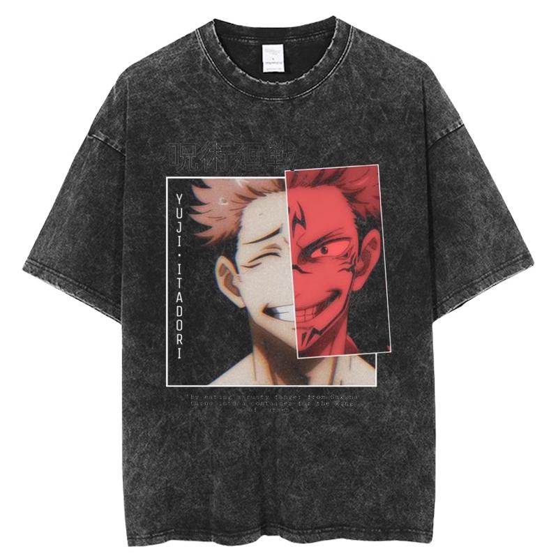 Jujutsu Kaisen Gojo Satoru Manga Panel Japanese Text Vintage Washed T Shirt Summer Graphic Tee for Men Women