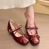 High-end Bow Thick Heel Square Head Mary Jane Shoes New with Skirt Red Evening Single Shoes Women