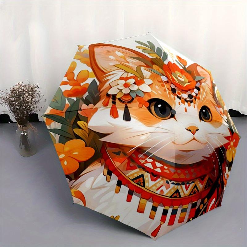 1pc Orange Cat Creative Design Durable Cartoon Folding Umbrella, Portable 3-Fold Compact Umbrella for Men and Women, Suitable for Travel or