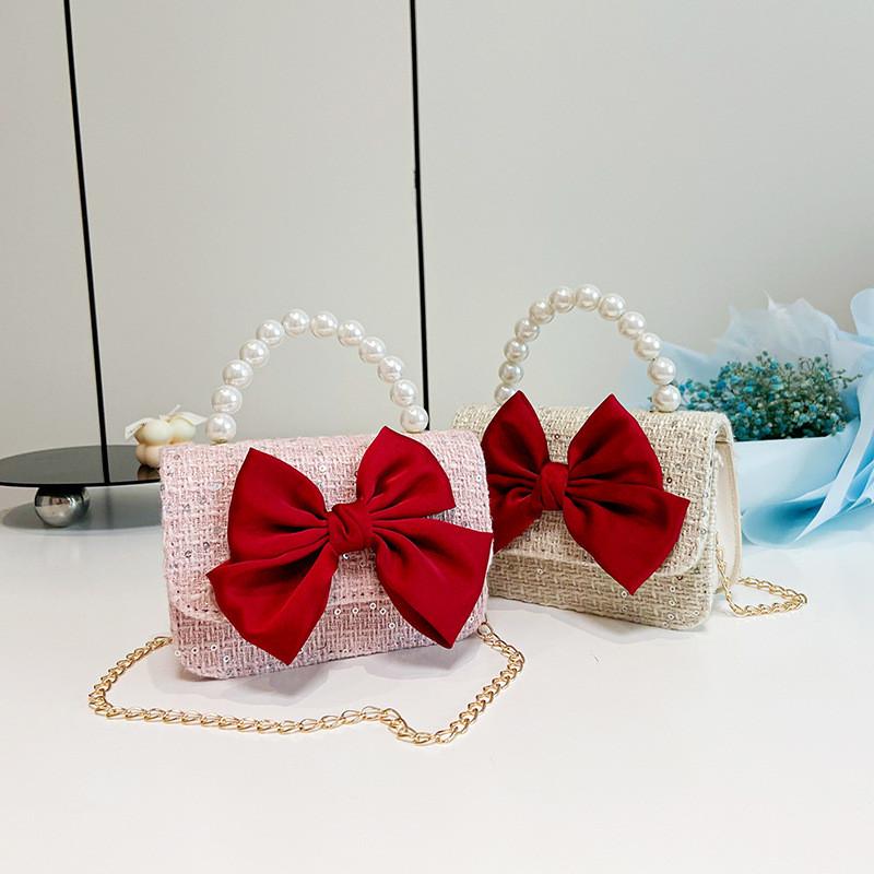 Pu Bow Girl Crossbody Bag Wallet Cute Children Shoulder Bag With Pearl Handheld