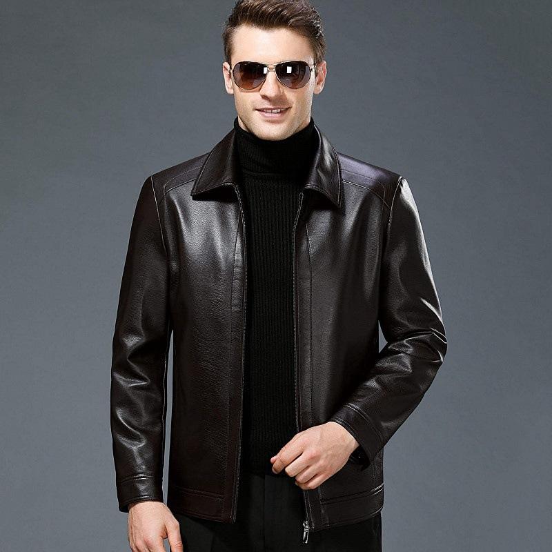 Genuine Leather Jacket Men's Sheep Skin Winter Plush and Thickened Lapel Middle-aged Leather Jacket Motorcycle Jacket