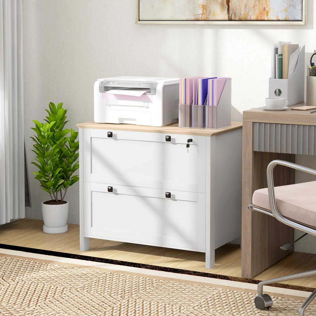 Filing Cabinet With 2 Drawers 2 Hanging Bars Lock And 2 Keys For A4 Size 79x40x72 Cm White And Oak