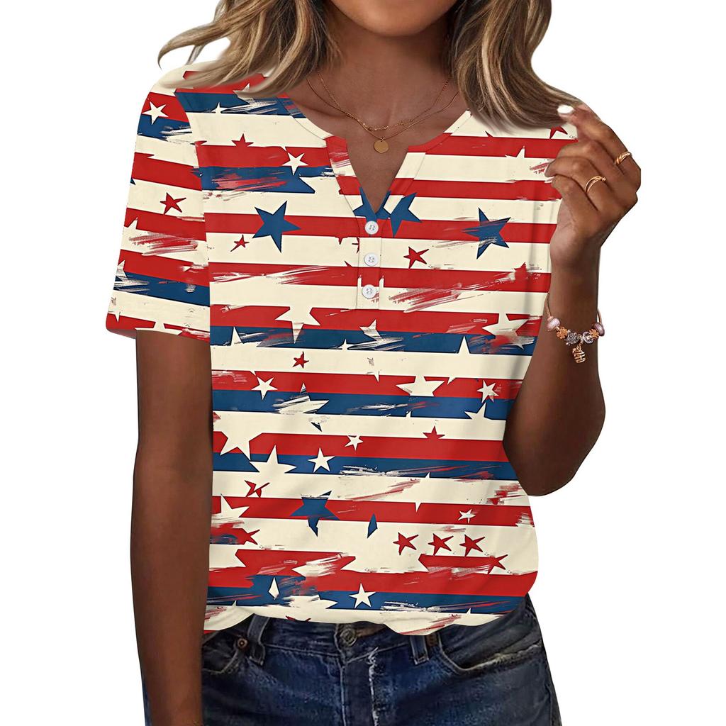 Women's T Shirt Independence Day Print Button Short Sleeve Daily Weekend Fashion Basic V- Neck Regular Top