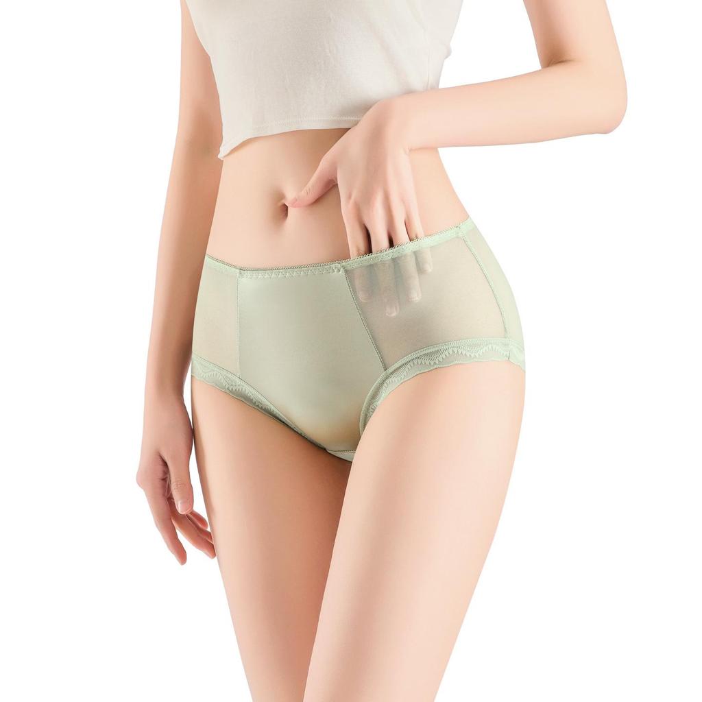 Women's Mid-Waist Ice Silk Lace Underwear - Summer Mesh Satin, Sexy Solid Color with Cotton Crotch