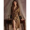 Good Morning with You Leopard Print Ice Silk Long Nightgown Women Four Seasons Universal Robe Pajamas Lace Outerwear Gown Loose Morning Gowns