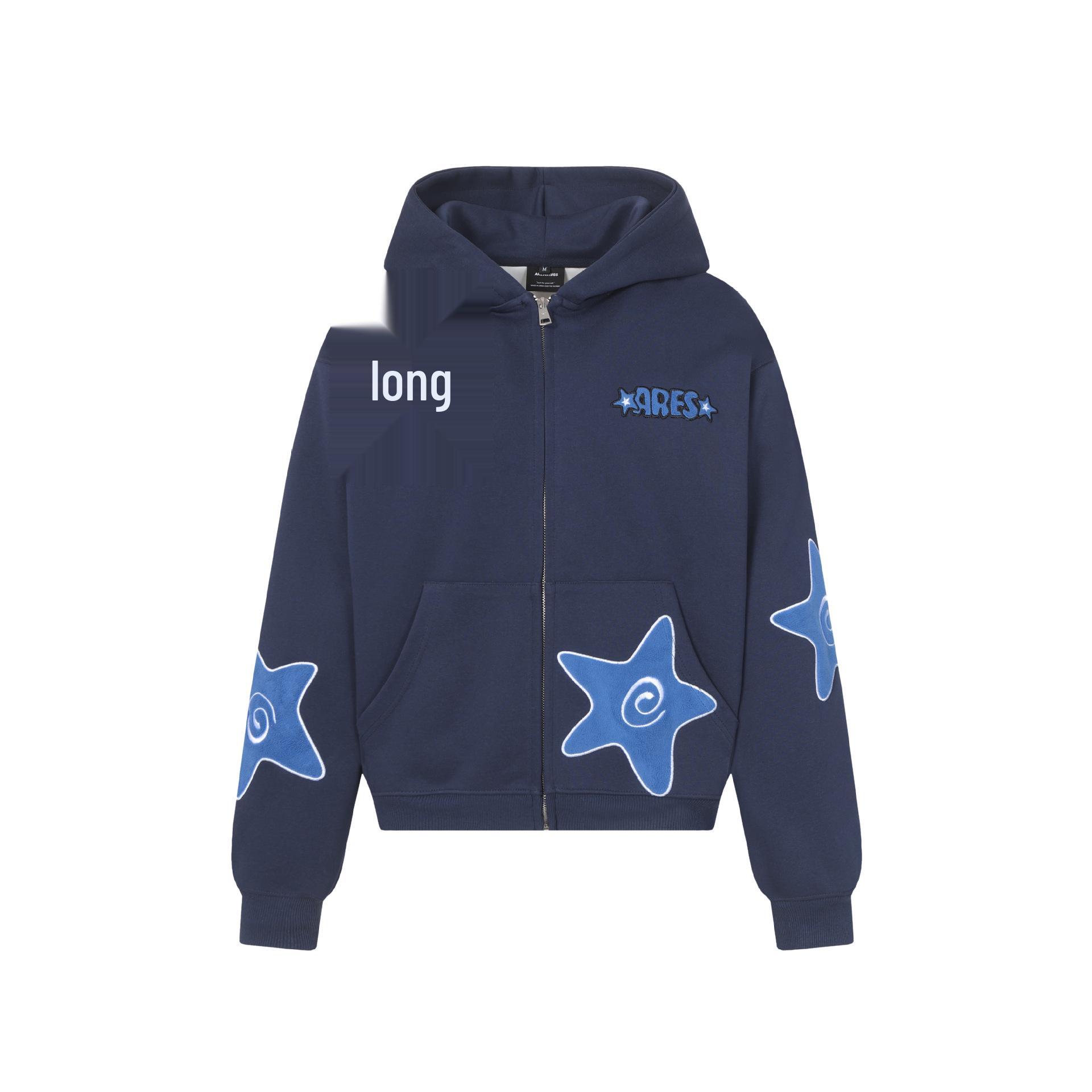 

ARES 26 Heavyweight Fleece-Lined Men s Swirl Star Zipper Cardigan Hoodie - Embroidered, 400g Spring Style Extra Large темно-синього кольору