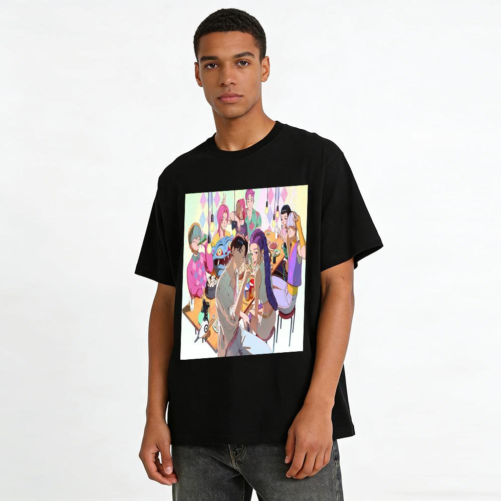 Trendy Anime Style Group Dinner Print T-shirts Unisex Casual Loose Tops For Anime Fans Pure Cotton T-shirt