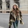 Womens Short Faux Fur Leather-Trimmed Biker Jacket Warm Thickened Hoodless Coat Winter Streetwear