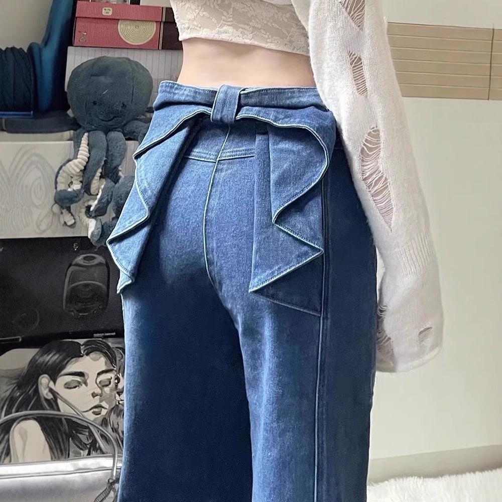 3D Decorative Bow Jeans: Women's Slimming Narrow-Leg, Wide-Leg Patchwork Pants for Spring & Summer.