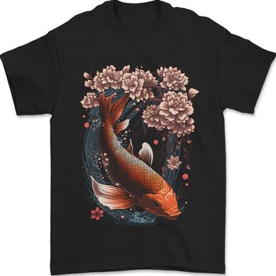 Mystical Koi Carp Flowers Mens T-Shirt 100% Cotton