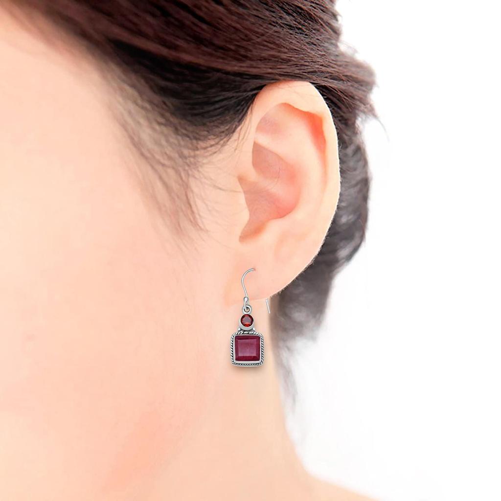 8 Mm Square Shape Natural Ruby Gemstones 925 Sterling Silver Handmade Drop Dangle Earrings For Women & Girls