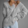 Women Sweater Coat V-Neck Long Sleeve Solid Color Single Breasted Knitting Sweater Loose Fit Warm Knitting Cardigan